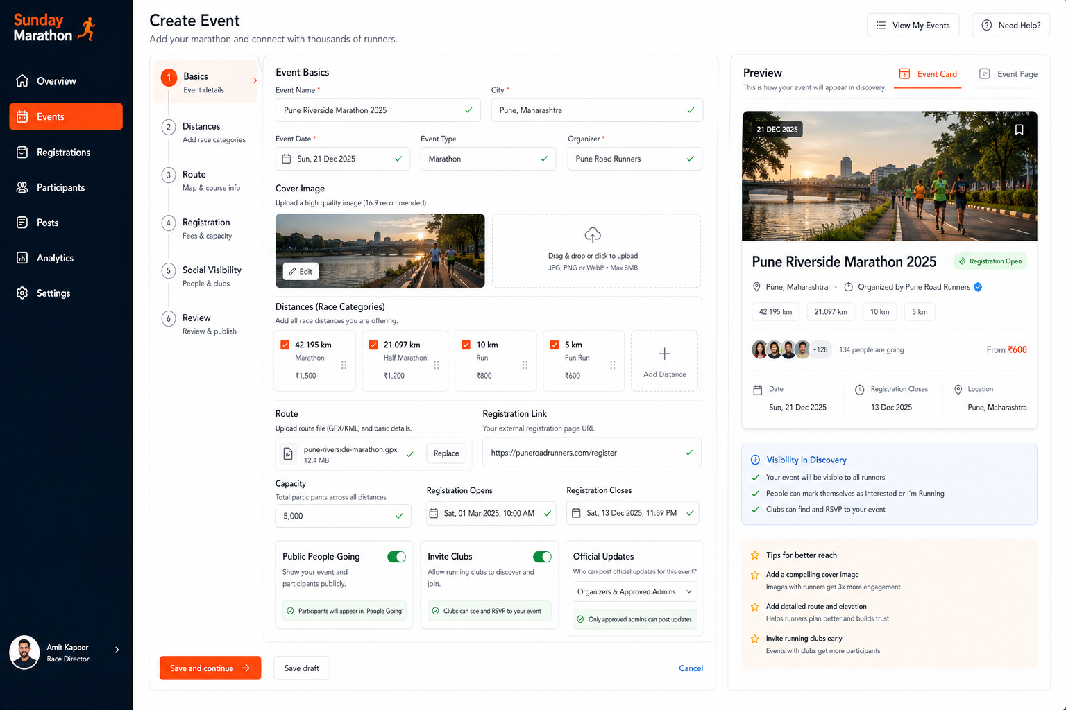 Race creation workflow preview